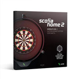 Angled view of Scolia Home 2 automatic dart scoring system retail box with dartboard and light ring design for home setup