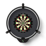 Top-down view of dartboard with integrated automatic scoring system and LED light ring, isolated on white for home darts setup