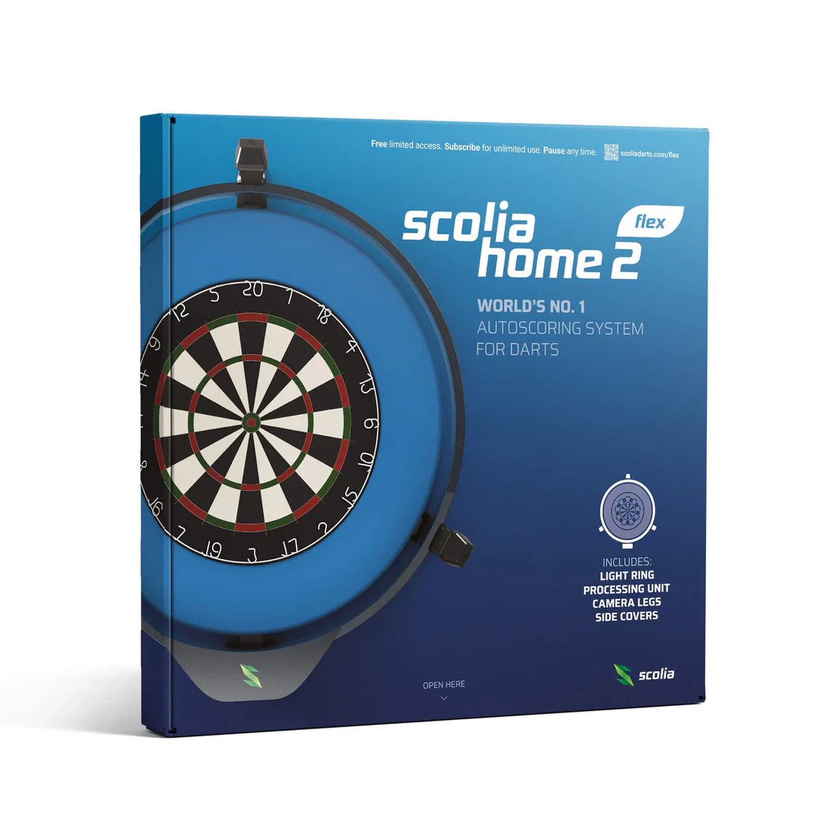 Angled view of Scolia Home 2 FLEX Automatic Scoring System retail box with dartboard, light ring, and key features for home darts setup