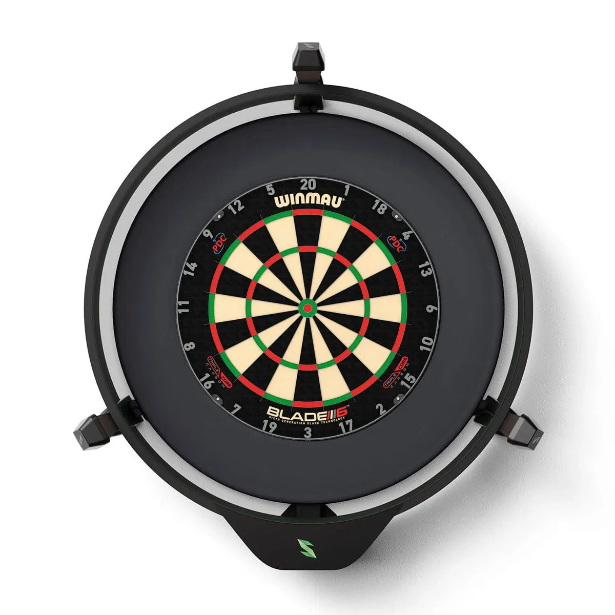 Top-down view of dartboard with automatic scoring system and LED light ring, mounted on wall, ideal for home darts setup