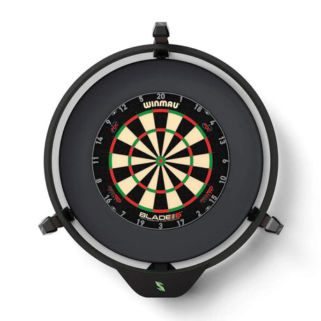 Top-down view of dartboard with automatic scoring system and LED light ring, mounted on wall, ideal for home darts setup