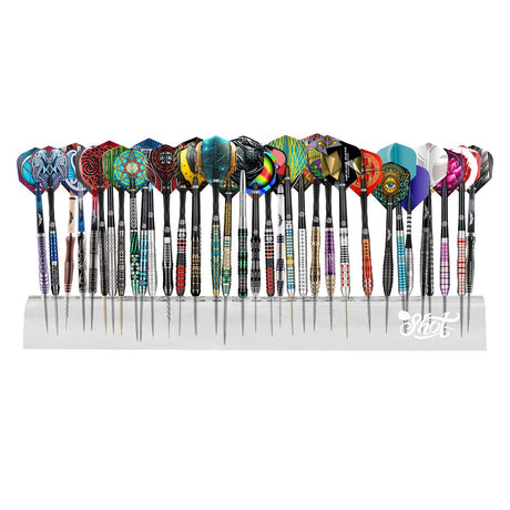 Acrylic dart stand holding 35 darts with colorful flights and grip designs, full product view isolated on white for dart storage display