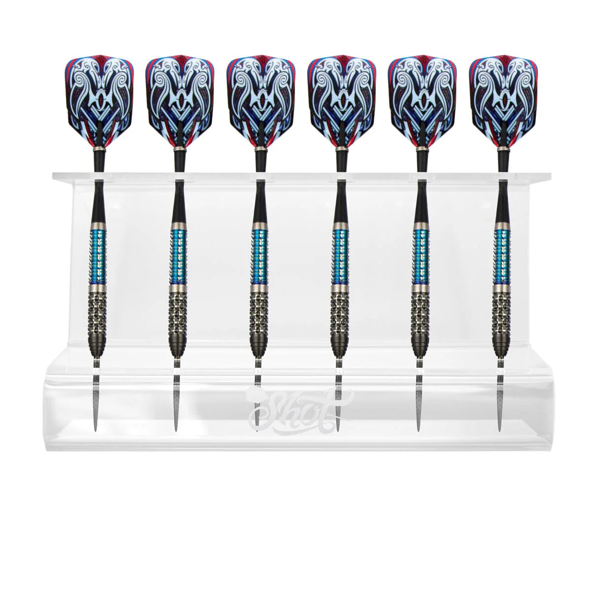 Six steel tip darts with blue grips and patterned flights displayed upright in a transparent dart stand on white background