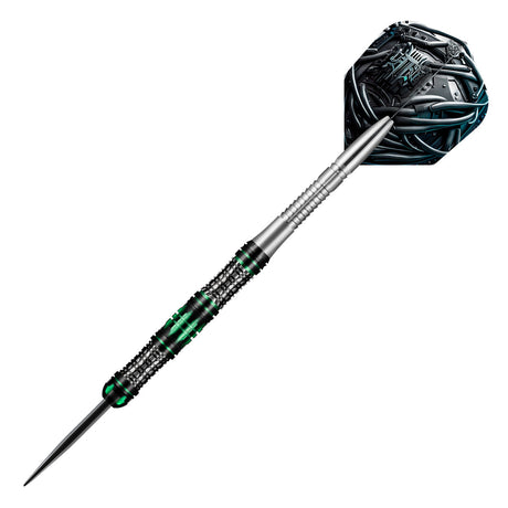 90% tungsten dart full view with precision grip barrel, cyberpunk flight, and steel tip on white background
