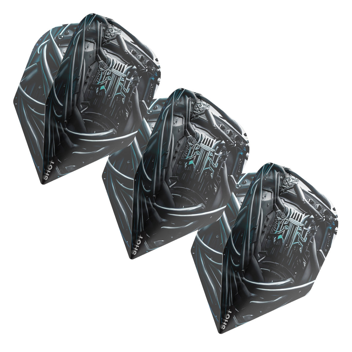 Three cyberpunk-style No.6 standard dart flights angled and displayed on white background highlighting detailed artwork