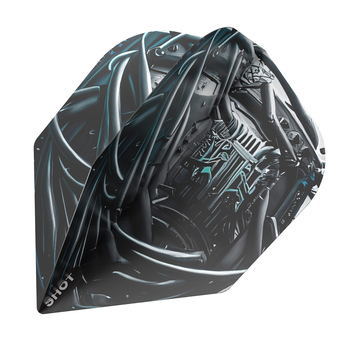 Angled close-up of two dart flights showing cyberpunk artwork, textured surface, and standard No.6 shape for steel tip darts