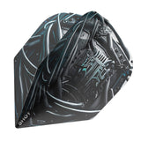 Angled close-up of two dart flights showing cyberpunk artwork, textured surface, and standard No.6 shape for steel tip darts