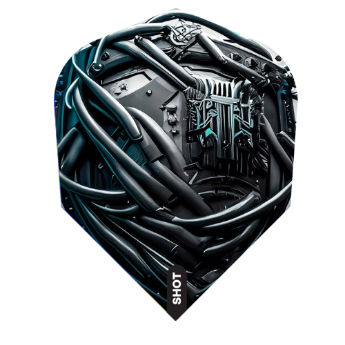 Small No.6 standard dart flight cyberpunk design, full product view on white, futuristic circuit and cable graphics highlighted