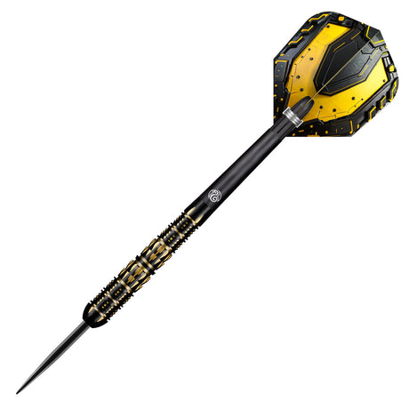 Full view tungsten dart with black and gold machined barrel, precision grip, and yellow tech-style flight on white background