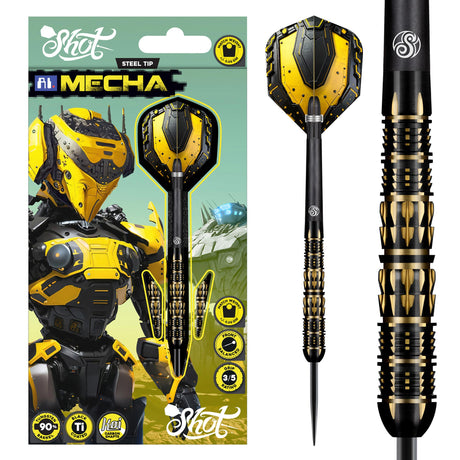 Steel tip tungsten dart in Mecha packaging with macro grip detail, yellow-black AI-themed flight, front-balanced, 90% tungsten barrel.