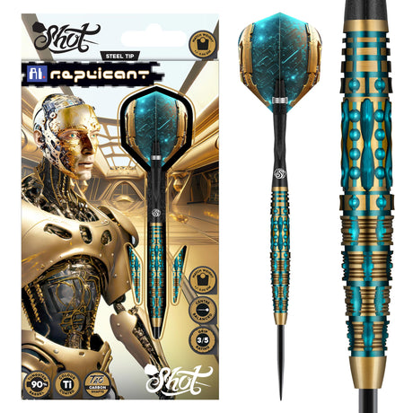 Steel tip tungsten dart in retail packaging with cyber-inspired flights and close-up of blue-gold barrel grip texture