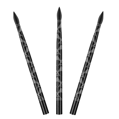 Three steel dart points upright on white background, displaying geometric barrel engraving and 4mm rounded precision tips for dartboard use