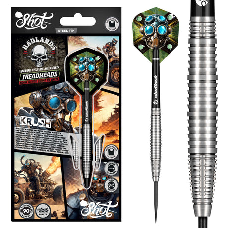 Steel tip 90% tungsten darts in retail packaging with close-up of knurled grip barrel and detailed flight design