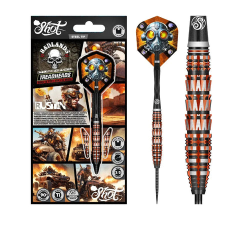 Steel tip tungsten dart with edgy orange barrel grips and industrial flight, shown in retail packaging and close-up for detail