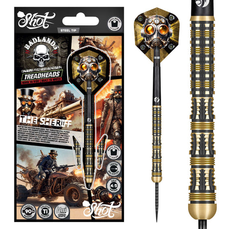 Steel tip tungsten darts in retail packaging with detailed grip texture and gold-black barrel close-up, steampunk flight design