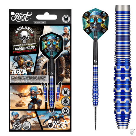 Steel tip tungsten dart in retail packaging with detailed blue machined barrel grip and sci-fi themed flight, shown in full product and macro view