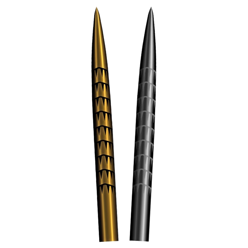 Shot Badlands Tracks steel tip dart points in Gold Ti and black, fanned tip-up on a white background
