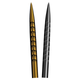 Shot Badlands Tracks steel tip dart points in Gold Ti and black, fanned tip-up on a white background
