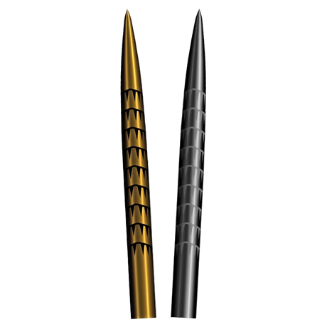 Shot Badlands Tracks steel tip dart points in Gold Ti and black, fanned tip-up on a white background