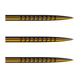 Shot Badlands Tracks steel tip dart points in Gold Ti, three shown on a white background