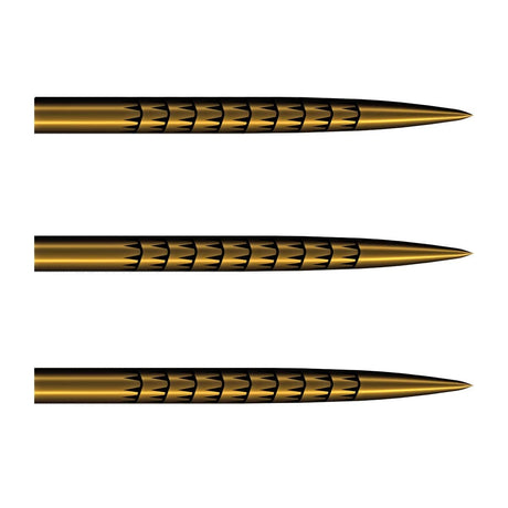 Shot Badlands Tracks steel tip dart points in Gold Ti, three shown on a white background