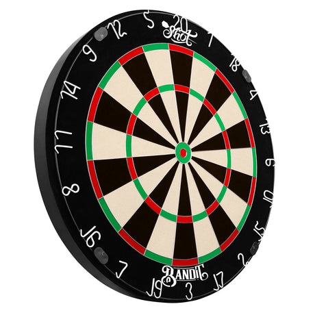 Angled view of Bandit 4th Generation bristle dartboard with staple-free wiring, full number ring, and vivid segmented design.