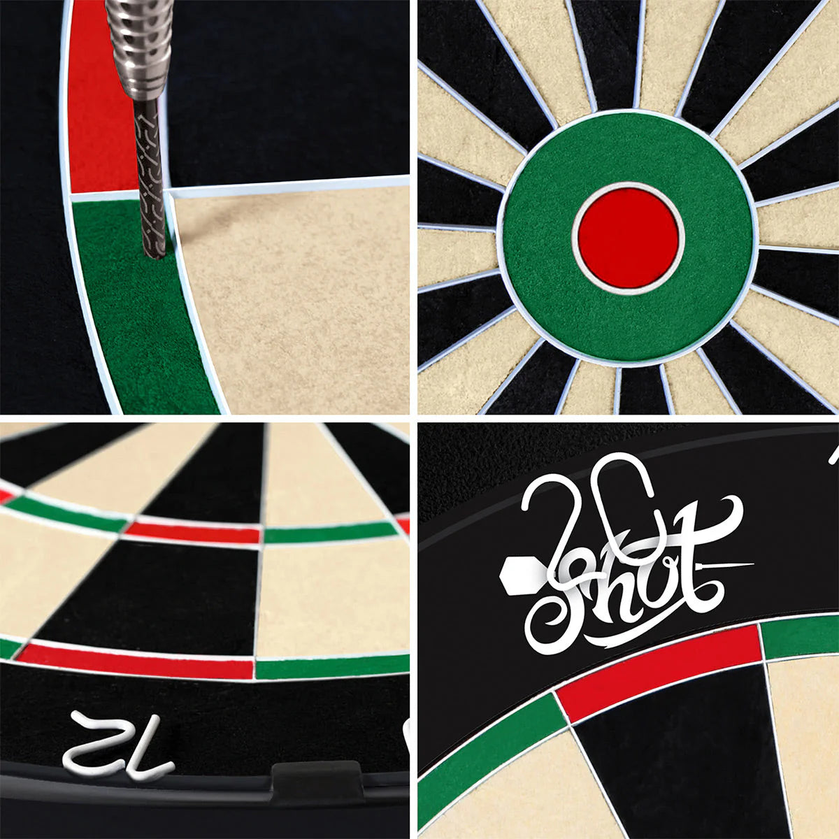 Close-up collage of Bandit 4th Generation dartboard with staple-free wiring, bullseye detail, scoring segments, and a steel dart tip embedded