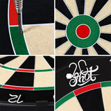 Close-up collage of Bandit 4th Generation dartboard with staple-free wiring, bullseye detail, scoring segments, and a steel dart tip embedded