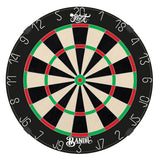 Top-down full view of bristle dartboard isolated on white, displaying segmented scoring zones and staple-free construction.