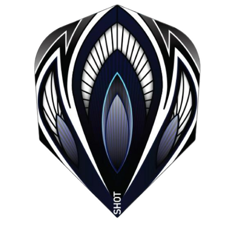 No.6 dart flight in black and blue with intricate falcon feather design, full product view on white background