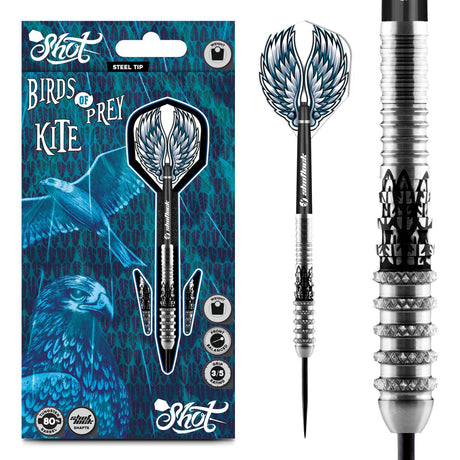 Steel tip tungsten dart set in retail packaging with full product view and close-up of precision barrel grip design