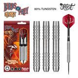 80% tungsten darts set with three knurled barrels, one complete dart with red flight, and retail packaging shown on white background