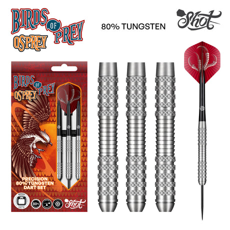 80% tungsten darts set with three knurled barrels, one complete dart with red flight, and retail packaging shown on white background