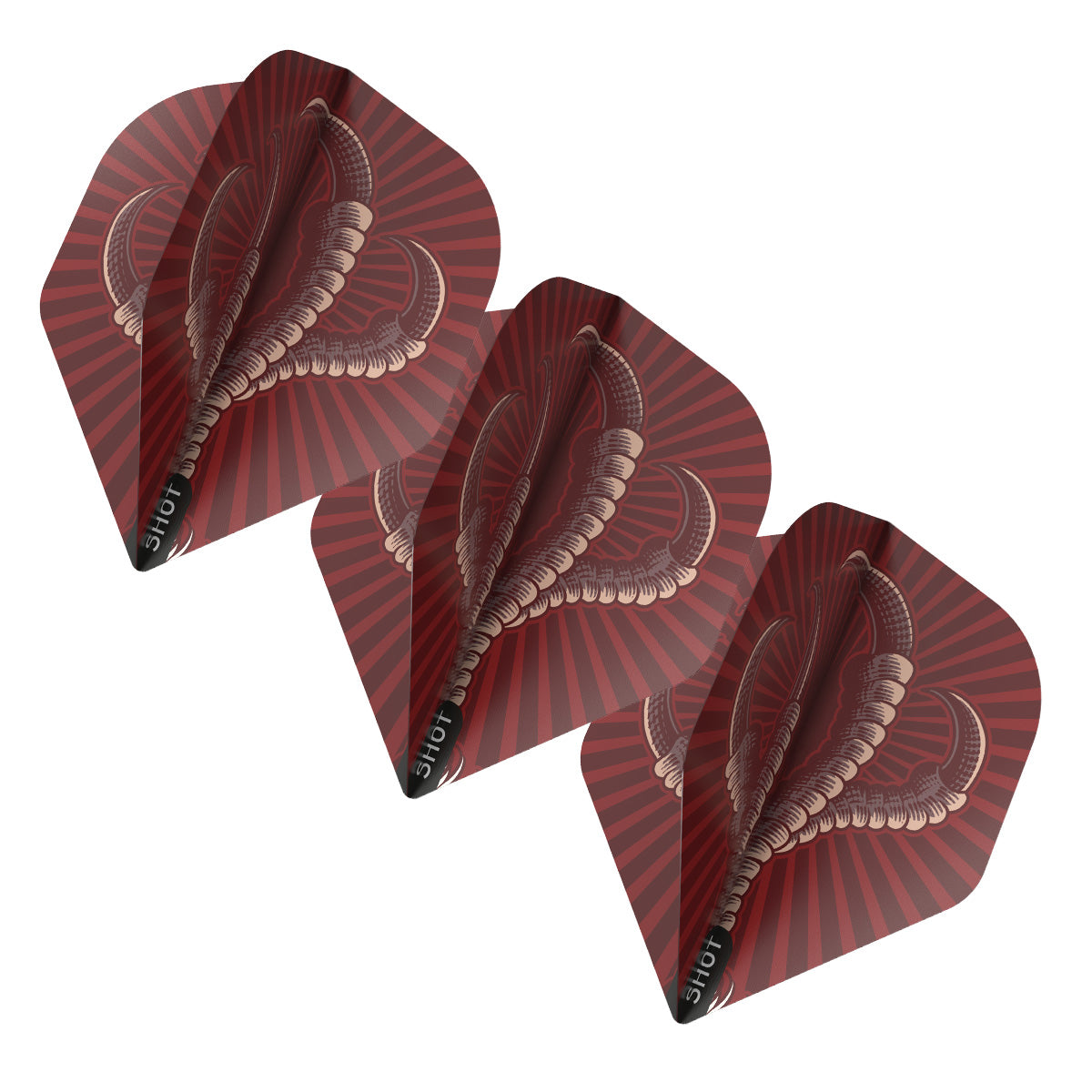 Three Osprey No.2 dart flights with talon artwork displayed at an angle on white background, showcasing design and flight profile