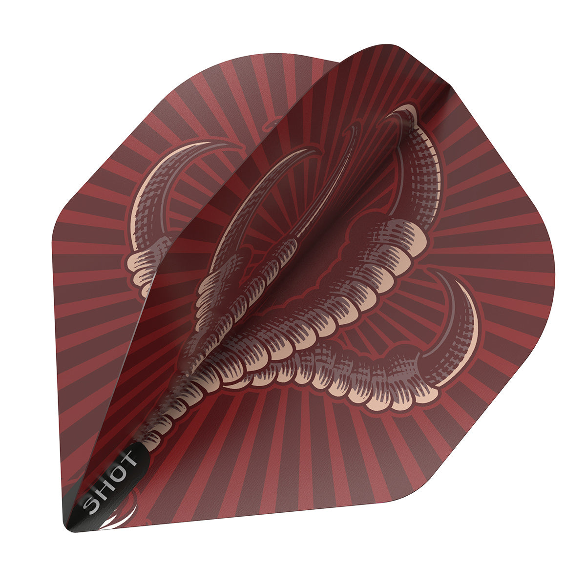 Angled view of dart flight with detailed Osprey claw graphic, red background, single flight isolated on white, highlighting durable dart accessory design