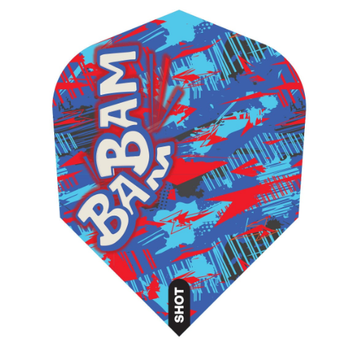 Shot Bradley Brooks G2 No.6 dart flight upright on a white background, blue and red design