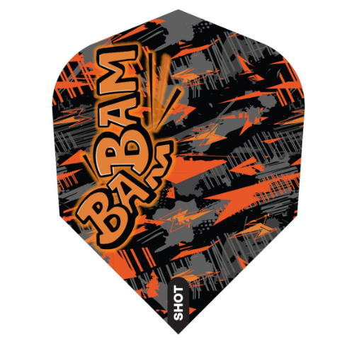 Shot Bradley Brooks No.6 dart flight upright on a white background, black and orange design