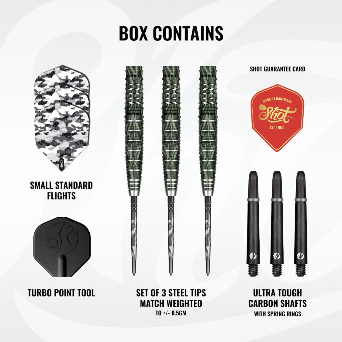 Shot Camo Ghillie Turbo Point 90% tungsten darts – box contents