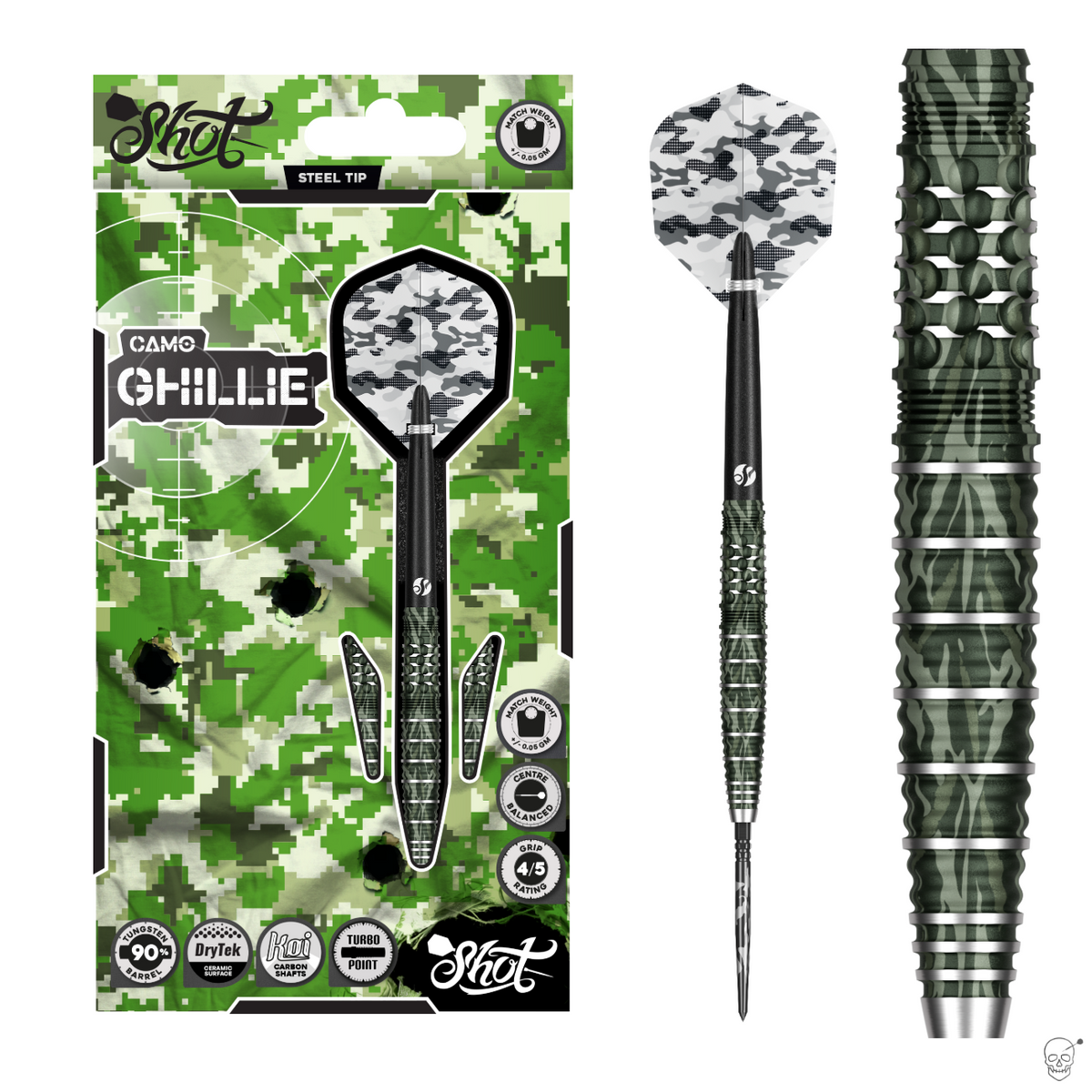 Shot Camo Ghillie Turbo Point 90% tungsten darts – packaging, full dart and barrel close-up