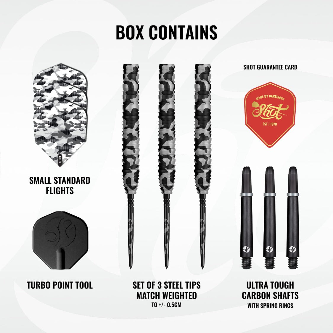 Shot Camo Polar Turbo Point 90% tungsten darts – box contents