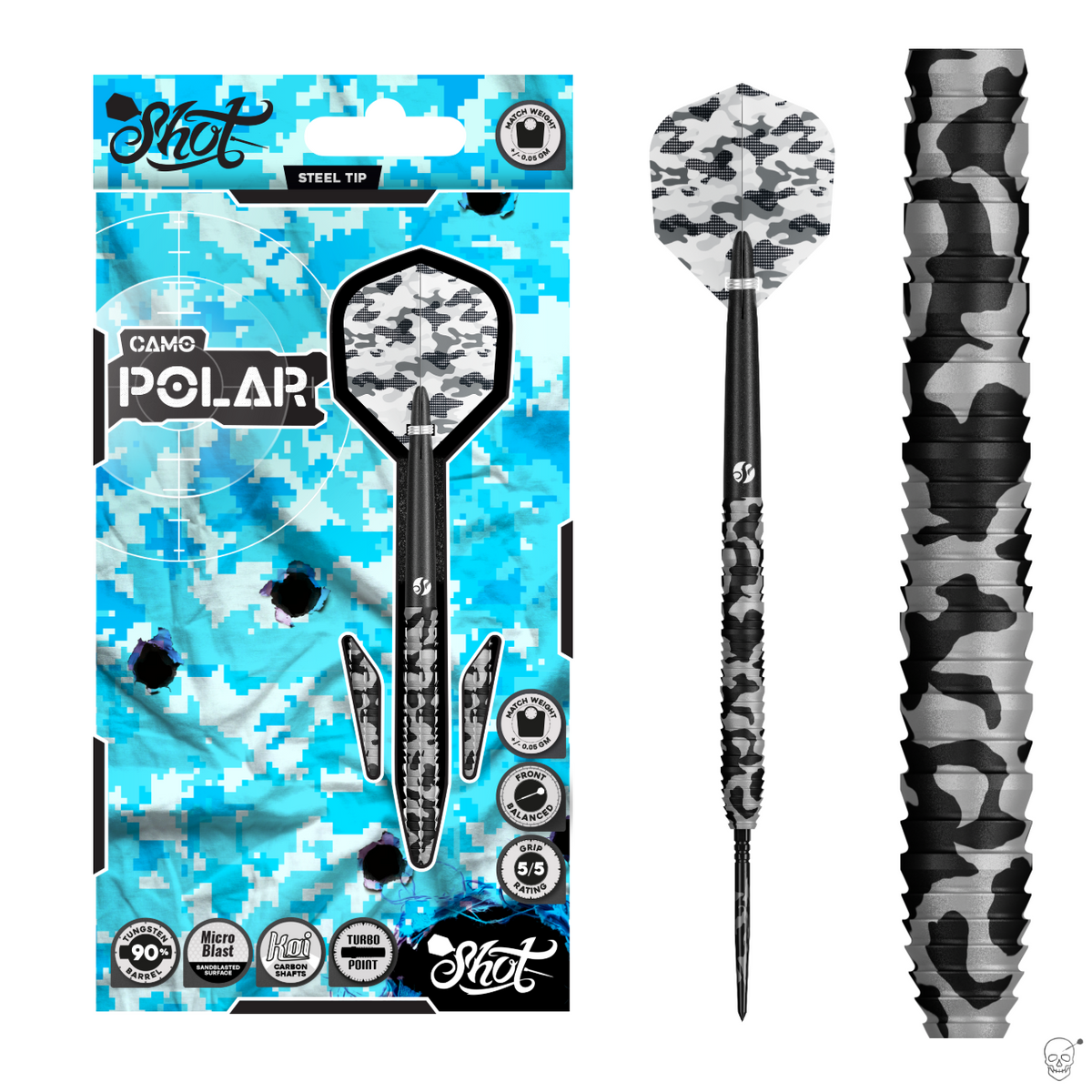 Shot Camo Polar Turbo Point 90% tungsten darts – packaging, full dart and barrel close-up