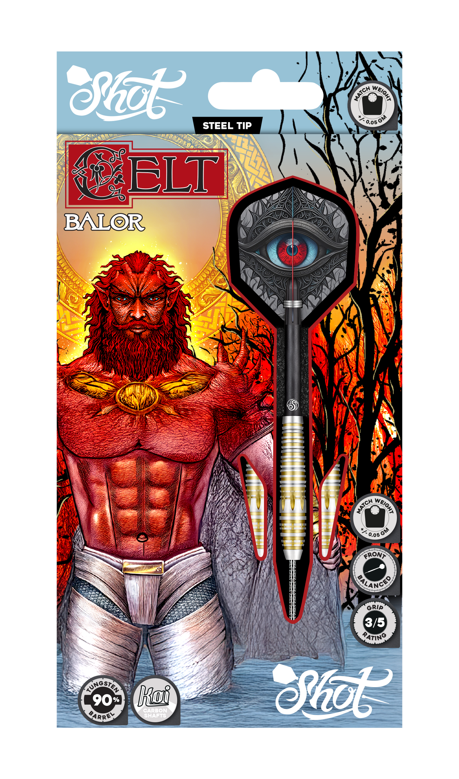 Steel tip 90% tungsten dart in retail packaging with detailed grip, front-weighted barrel, and Celtic eye flight design