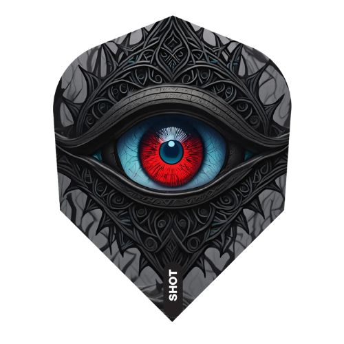 Full view of Celt Balor No.6 dart flight with detailed red and blue eye and black Celtic patterns, isolated on white
