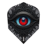 Full view of Celt Balor No.6 dart flight with detailed red and blue eye and black Celtic patterns, isolated on white
