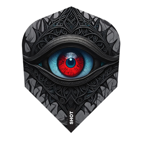 Full view of Celt Balor No.6 dart flight with detailed red and blue eye and black Celtic patterns, isolated on white