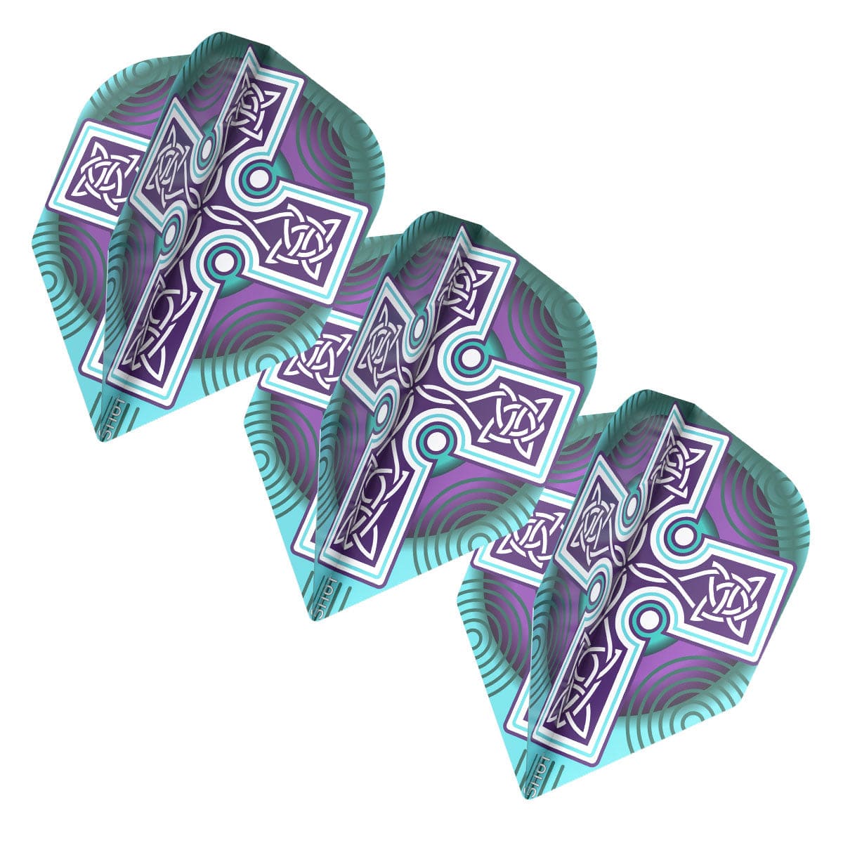 Three Celt Boudicca No.6 dart flights angled on white, featuring bold Celtic cross pattern and purple-teal accents for dart setup
