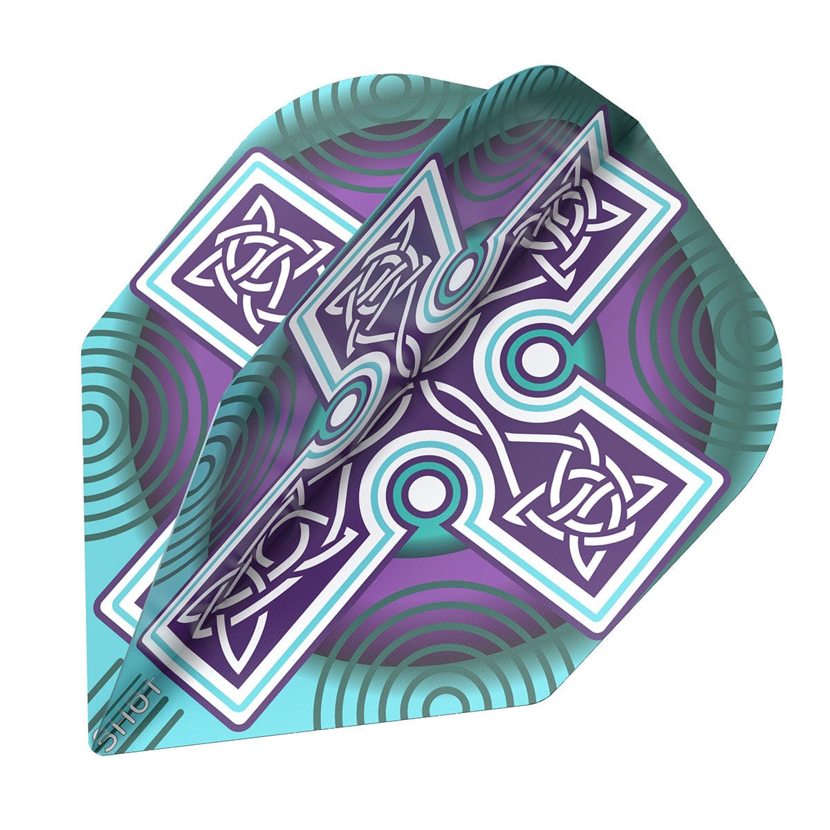 Angled close-up of dart flight with purple, teal, and white Celtic design, 100 micron material, isolated on white background
