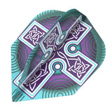 Angled close-up of dart flight with purple, teal, and white Celtic design, 100 micron material, isolated on white background