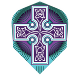 No.6 dart flight with bold Celtic cross design, intricate knotwork, purple and turquoise colors, isolated on white background