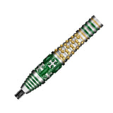 Close-up of tungsten dart barrel with green and gold knurled grip pattern, detailed texture, isolated on white background